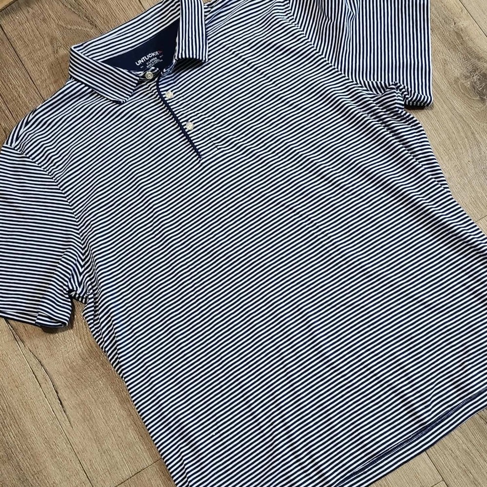 UNTUCKit Mens XL Polo Shirt Navy White Striped 100% Pima Cotton Short Sleeve